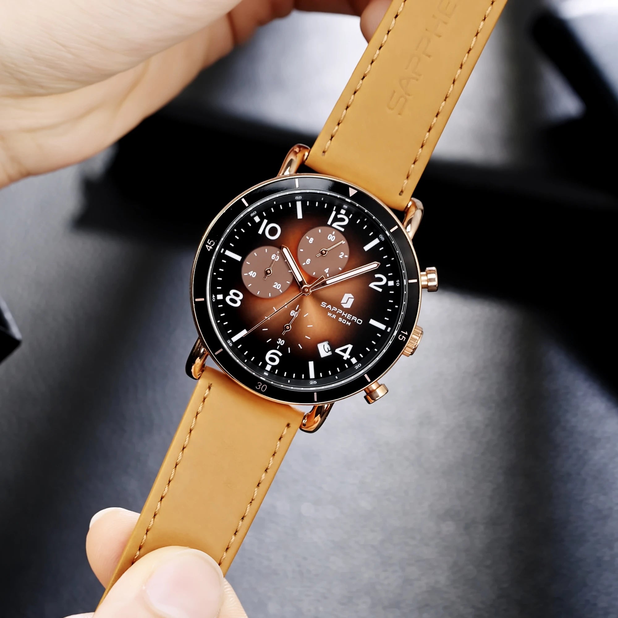 Sapphero clássico negócios quartzo relógio masculino 5atm à prova dwaterproof água caixa de presente conjunto 42mm grande mostrador data função relógio de pulso