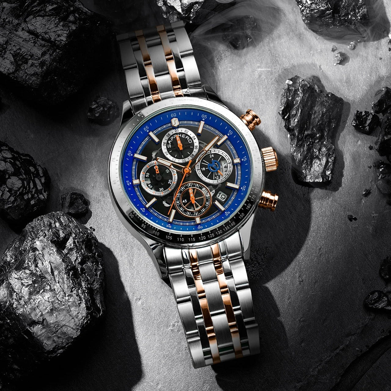 Sapphero moda masculina relógio de quartzo estilo mecânico 50m à prova dwaterproof água data cronógrafo relógio presente para homem