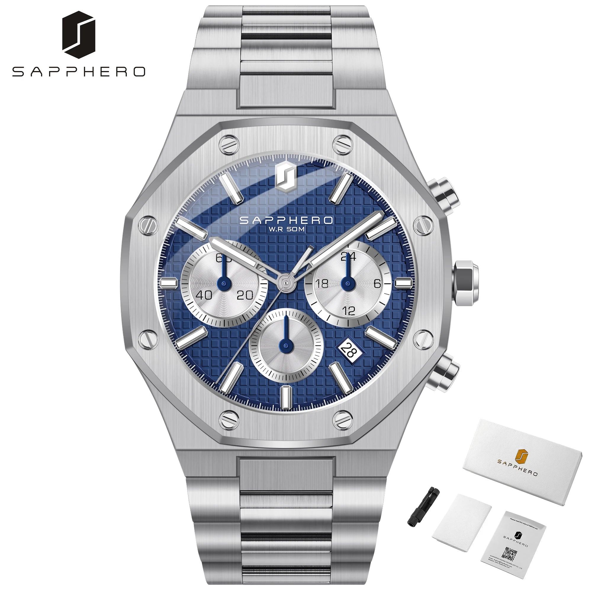 Sapphero relógio masculino à prova dwaterproof água função cronógrafo data brilhante mãos relógio de aço inoxidável relógio de negócios para presente masculino