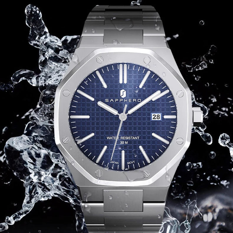 Relógio masculino SAPPHERO, pulseira de aço inoxidável, design resistente à água, calendário automático, presentes festivos, relógio de caixa de presente requintado