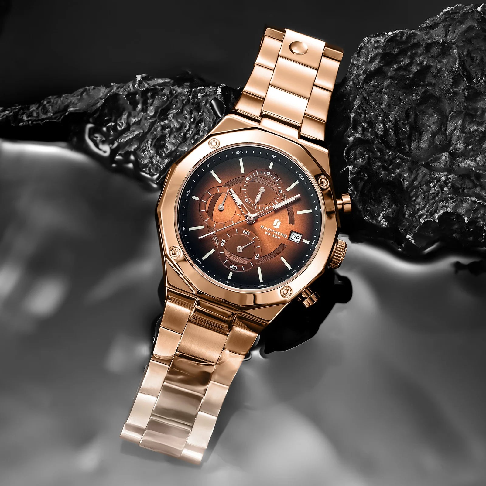 SAPPHERO Relógio masculino de ouro rosa, relógio de luxo da moda, aço inoxidável, 50m, resistência à água, presentes de ano novo