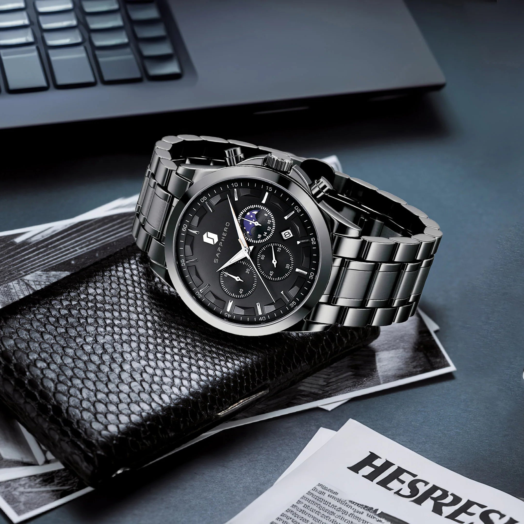 SAPPHERO Relógios de negócios masculinos pulseira de aço inoxidável exibição de data e função cronógrafo relógio masculino à prova d'água relógio de ouro rosa