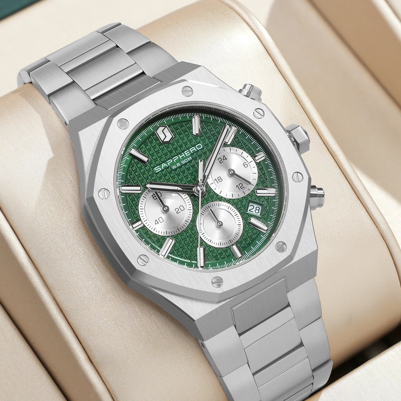 Sapphero relógio masculino à prova dwaterproof água função cronógrafo data brilhante mãos relógio de aço inoxidável relógio de negócios para presente masculino
