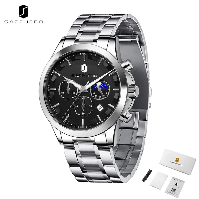 SAPPHERO Relógios de negócios masculinos pulseira de aço inoxidável exibição de data e função cronógrafo relógio masculino à prova d'água relógio de ouro rosa