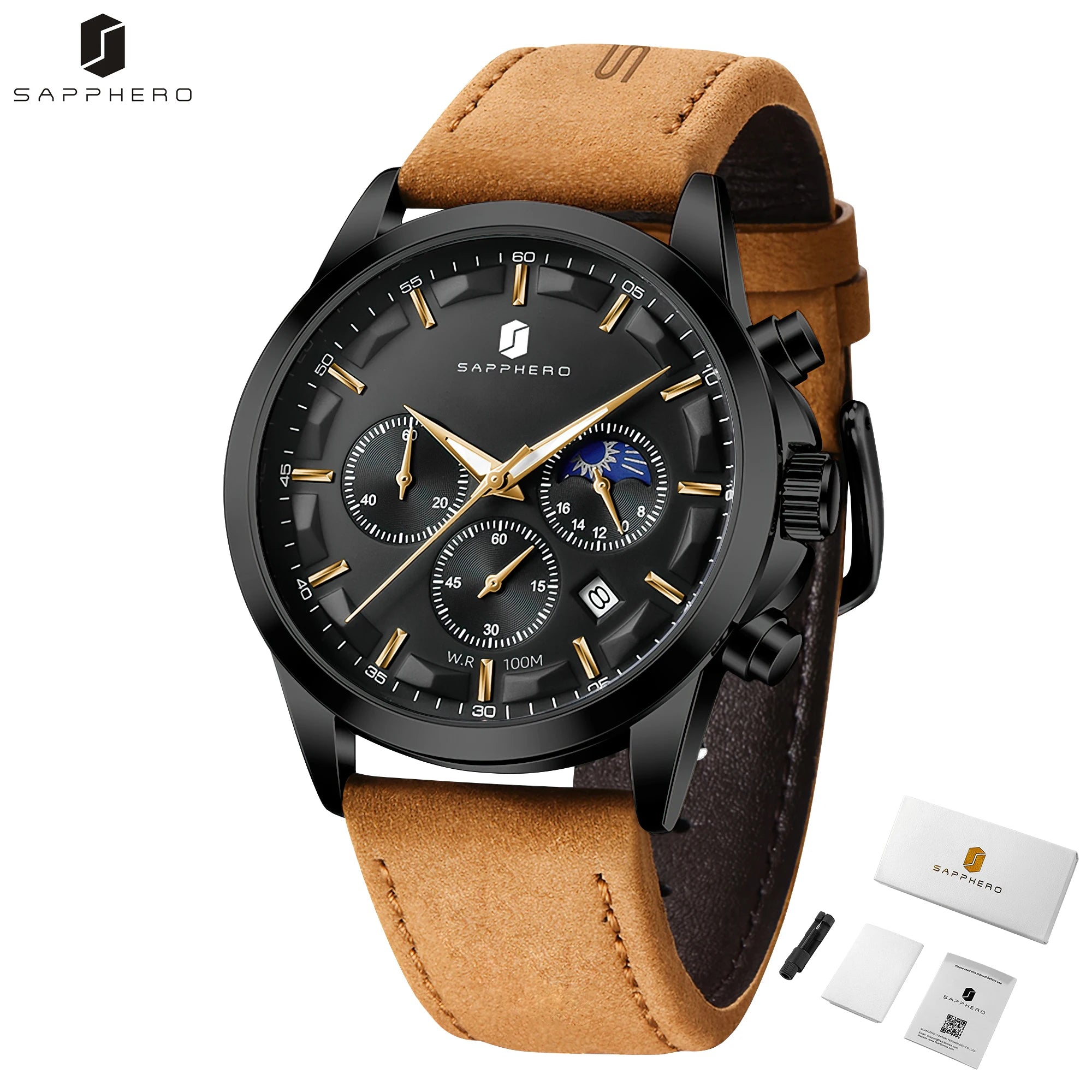 Sapphero relógios de negócios masculinos pulseira de couro esportes casual quartzo relógio masculino clássico à prova dwaterproof água 5atm relógio de pulso