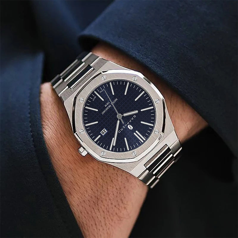 Relógio masculino SAPPHERO, pulseira de aço inoxidável, design resistente à água, calendário automático, presentes festivos, relógio de caixa de presente requintado