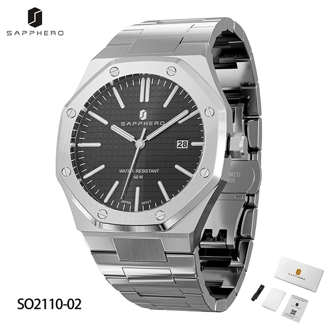 Relógio masculino SAPPHERO, pulseira de aço inoxidável, design resistente à água, calendário automático, presentes festivos, relógio de caixa de presente requintado