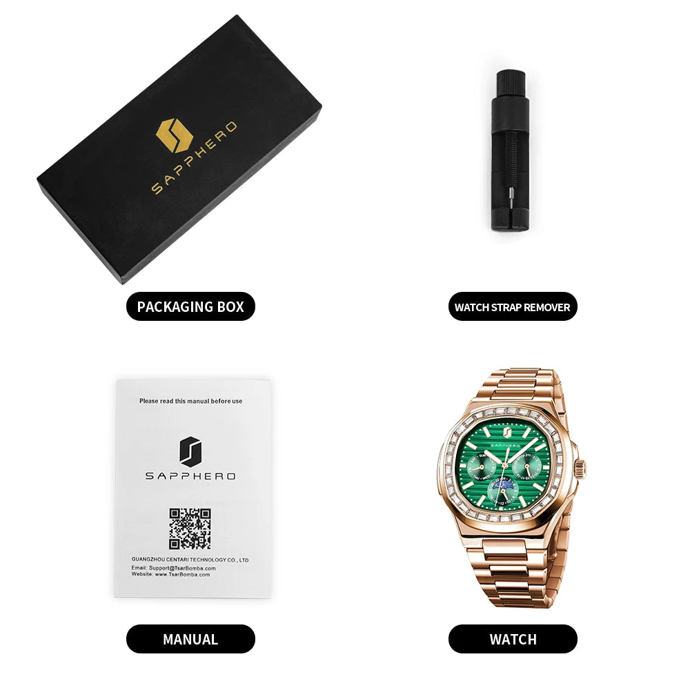 SAPPHERO Relógios masculinos moda relógios de quartzo relógios de aço inoxidável para homens presentes de luxo