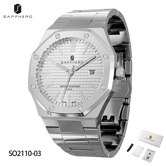 Relógio masculino SAPPHERO, pulseira de aço inoxidável, design resistente à água, calendário automático, presentes festivos, relógio de caixa de presente requintado