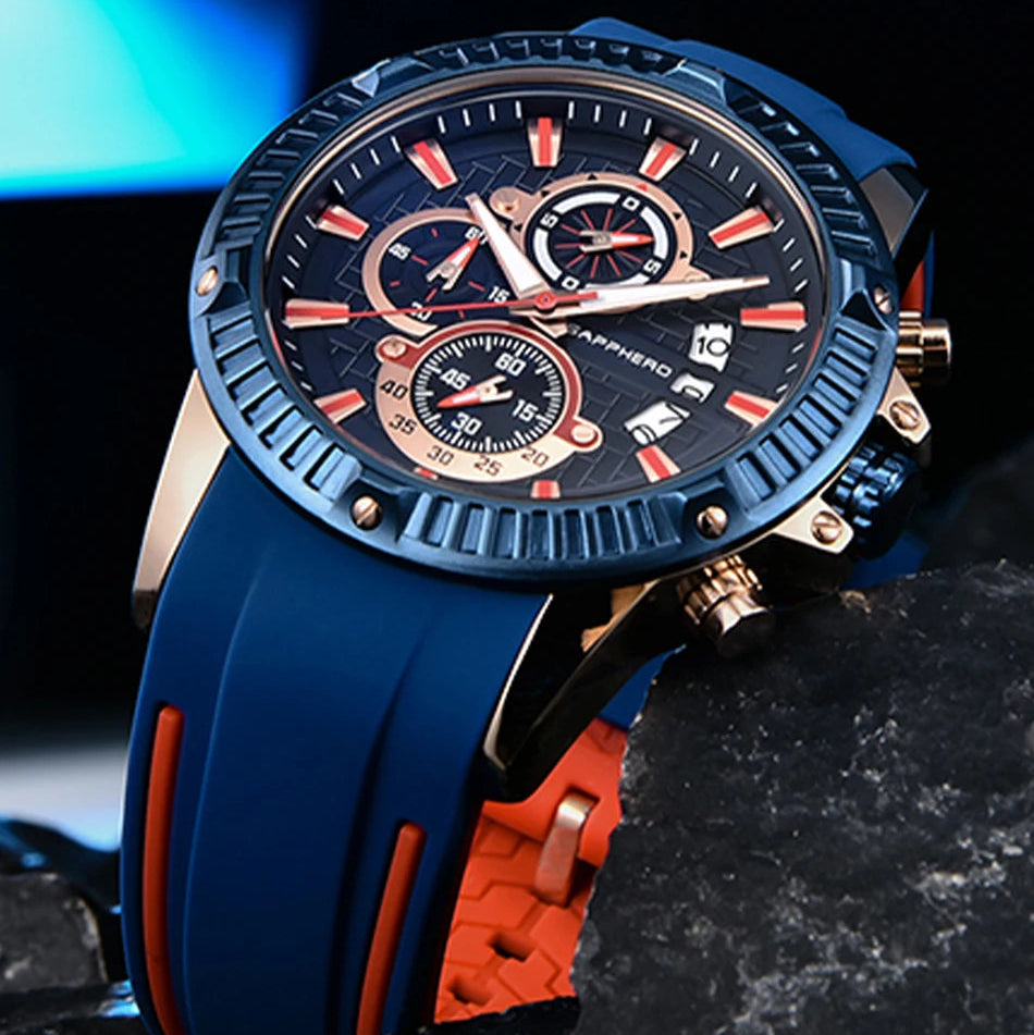 Sapphero relógio de quartzo masculino, relógio esportivo à prova d'água com pulseira de silicone, relógio militar de marca de luxo, presente, relógio preciso