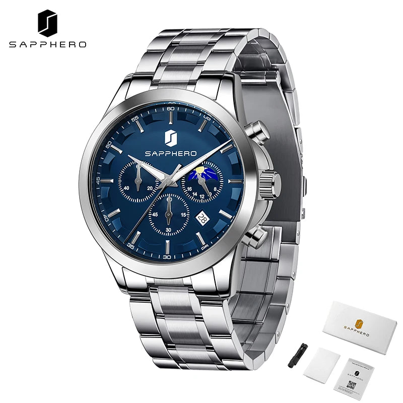 SAPPHERO Relógios de negócios masculinos pulseira de aço inoxidável exibição de data e função cronógrafo relógio masculino à prova d'água relógio de ouro rosa
