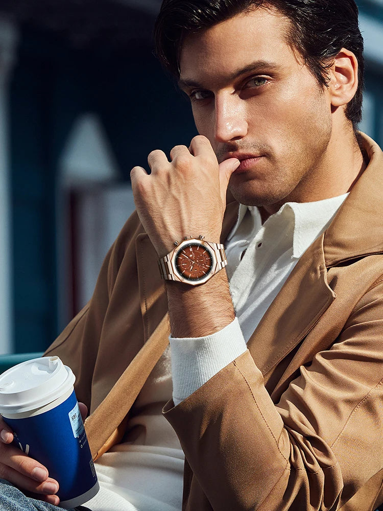 SAPPHERO Relógio masculino de ouro rosa, relógio de luxo da moda, aço inoxidável, 50m, resistência à água, presentes de ano novo
