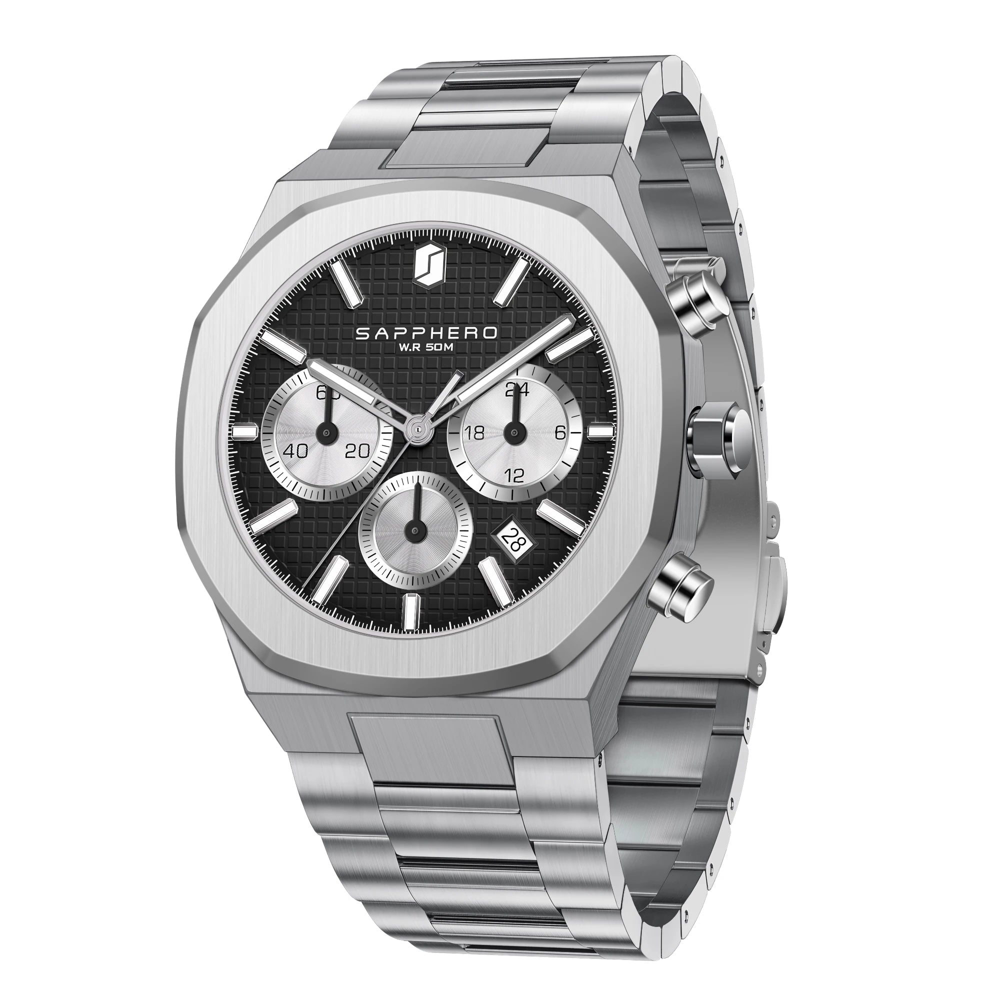 Sapphero relógio masculino de aço inoxidável à prova dwaterproof água relógio masculino cronógrafo relógio de negócios melhor presente