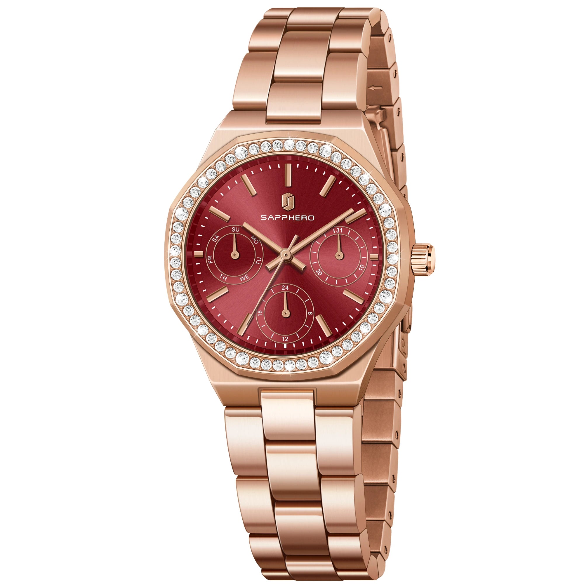 Sapphero luxo moda rosa ouro relógio elegante versátil relógio feminino japão movimento pulseira de aço inoxidável presente do feriado