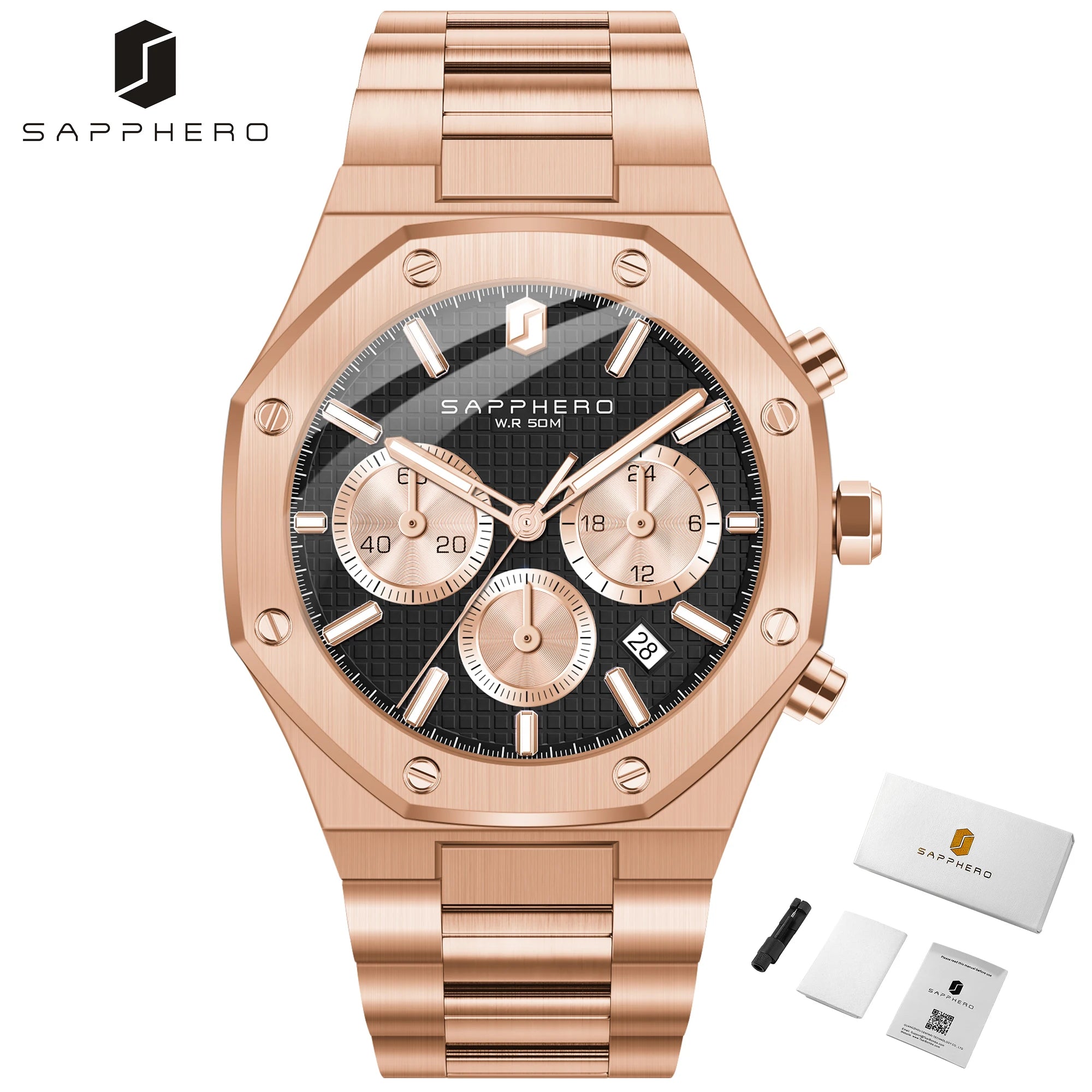 Sapphero relógio masculino à prova dwaterproof água função cronógrafo data brilhante mãos relógio de aço inoxidável relógio de negócios para presente masculino