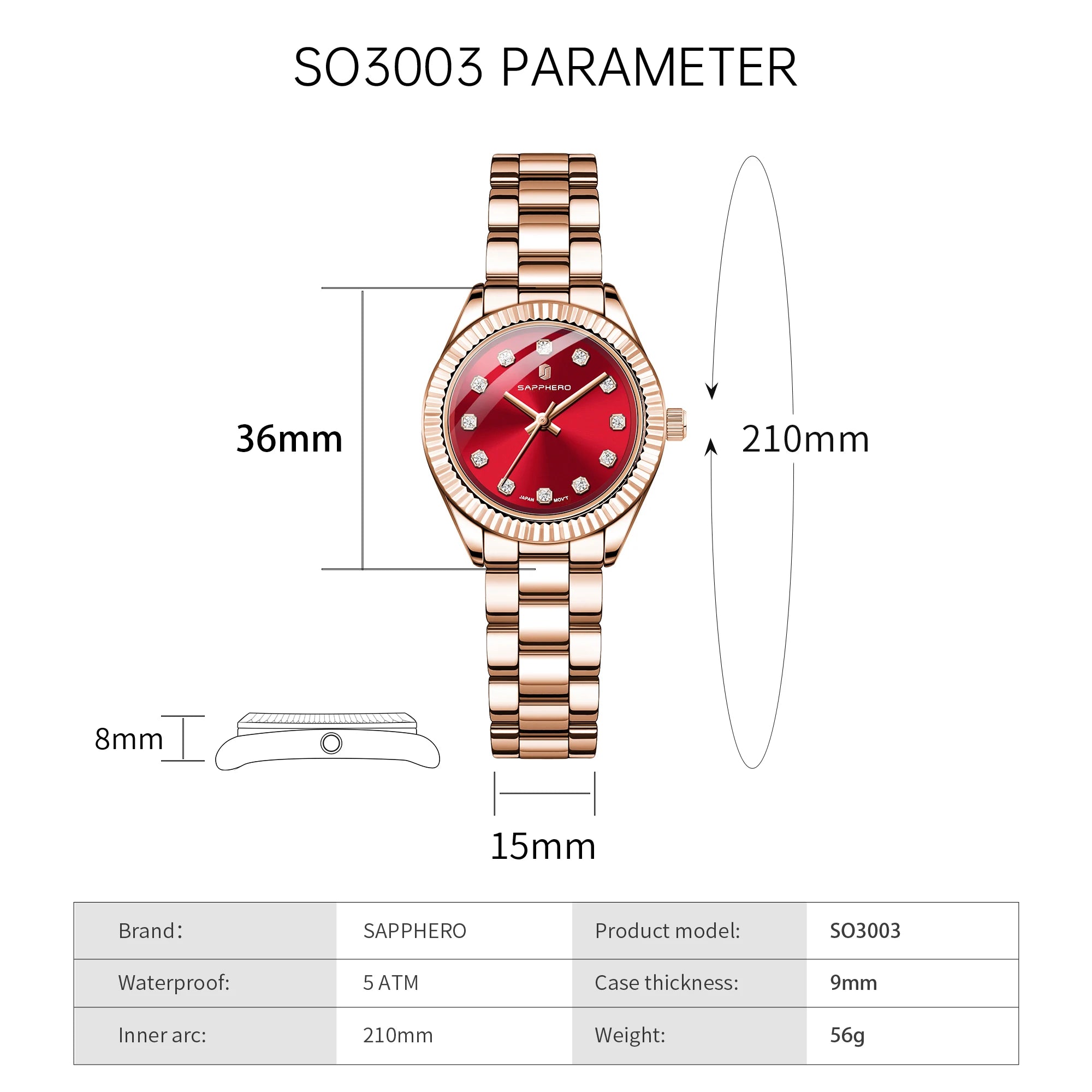 Sapphero elegante relógio de quartzo feminino movimento japão 5atm à prova dwaterproof água luxo rosa ouro relógio feminino luz luxo relógio feminino