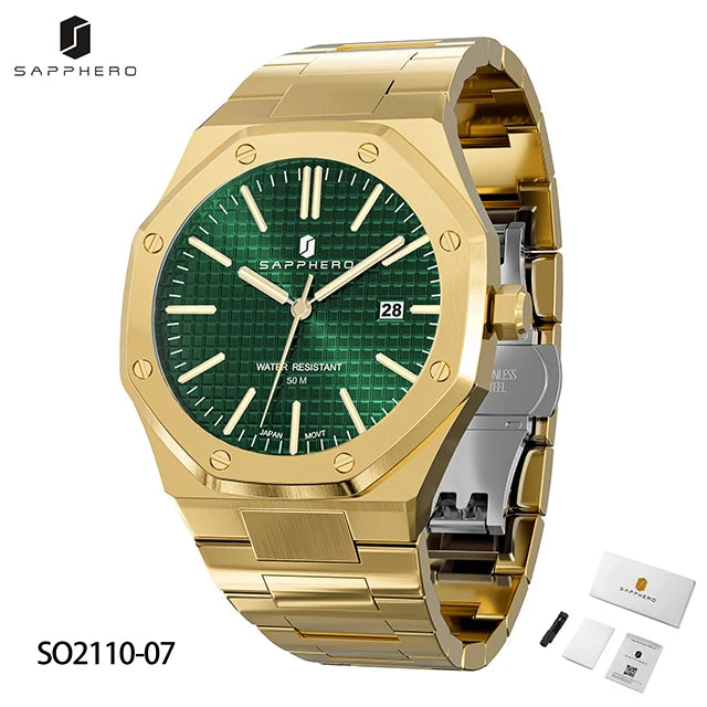 Relógio masculino SAPPHERO, pulseira de aço inoxidável, design resistente à água, calendário automático, presentes festivos, relógio de caixa de presente requintado