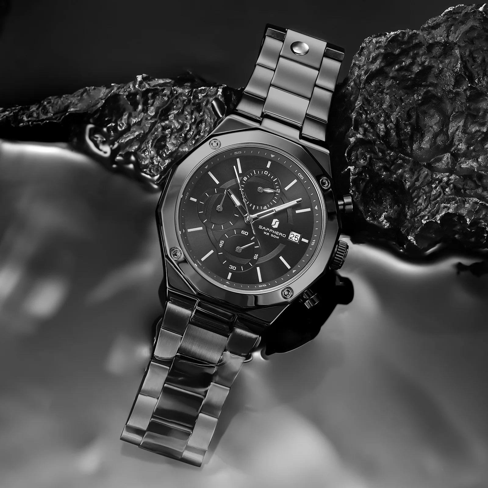 SAPPHERO Relógio masculino de ouro rosa, relógio de luxo da moda, aço inoxidável, 50m, resistência à água, presentes de ano novo