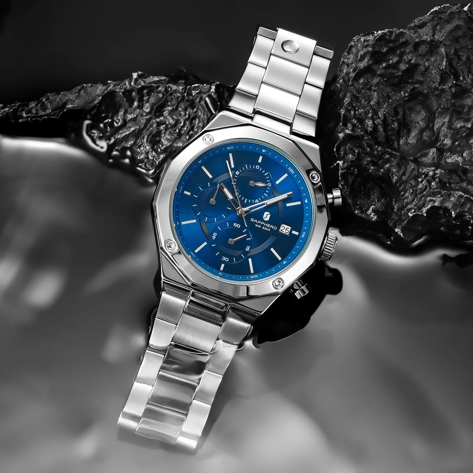 SAPPHERO Relógio masculino de ouro rosa, relógio de luxo da moda, aço inoxidável, 50m, resistência à água, presentes de ano novo