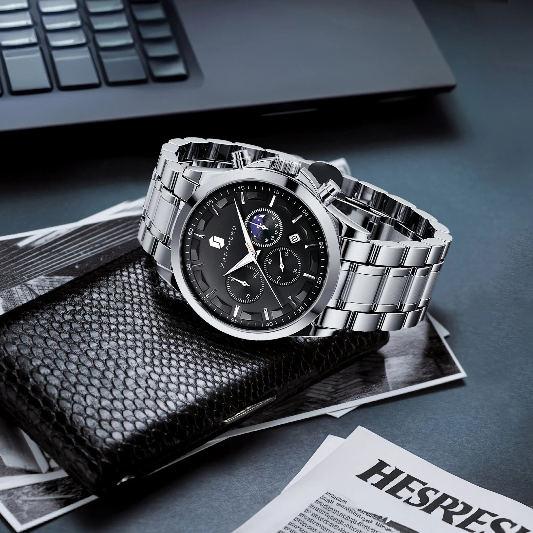 SAPPHERO Relógios de negócios masculinos pulseira de aço inoxidável exibição de data e função cronógrafo relógio masculino à prova d'água relógio de ouro rosa