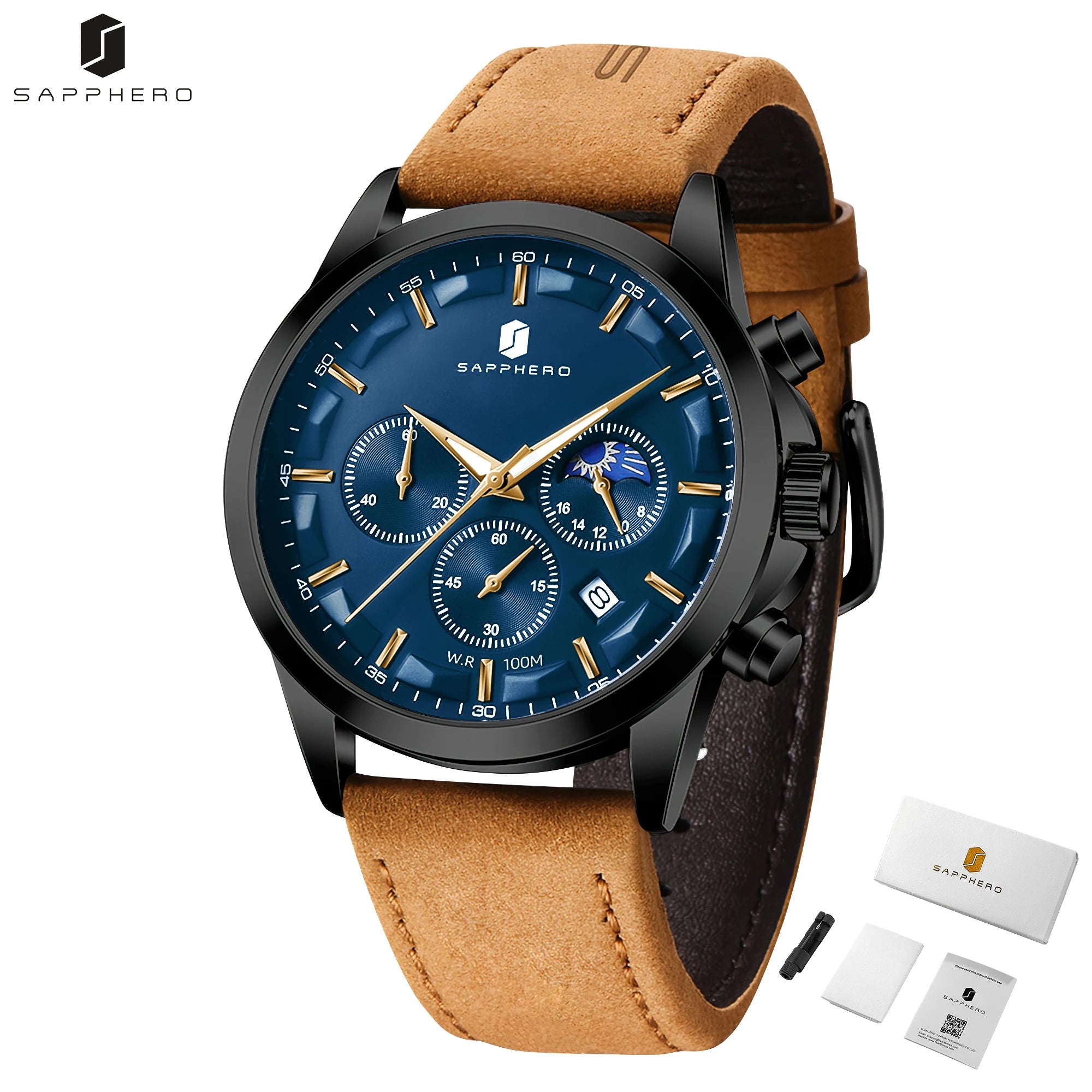 Sapphero relógios de negócios masculinos pulseira de couro esportes casual quartzo relógio masculino clássico à prova dwaterproof água 5atm relógio de pulso