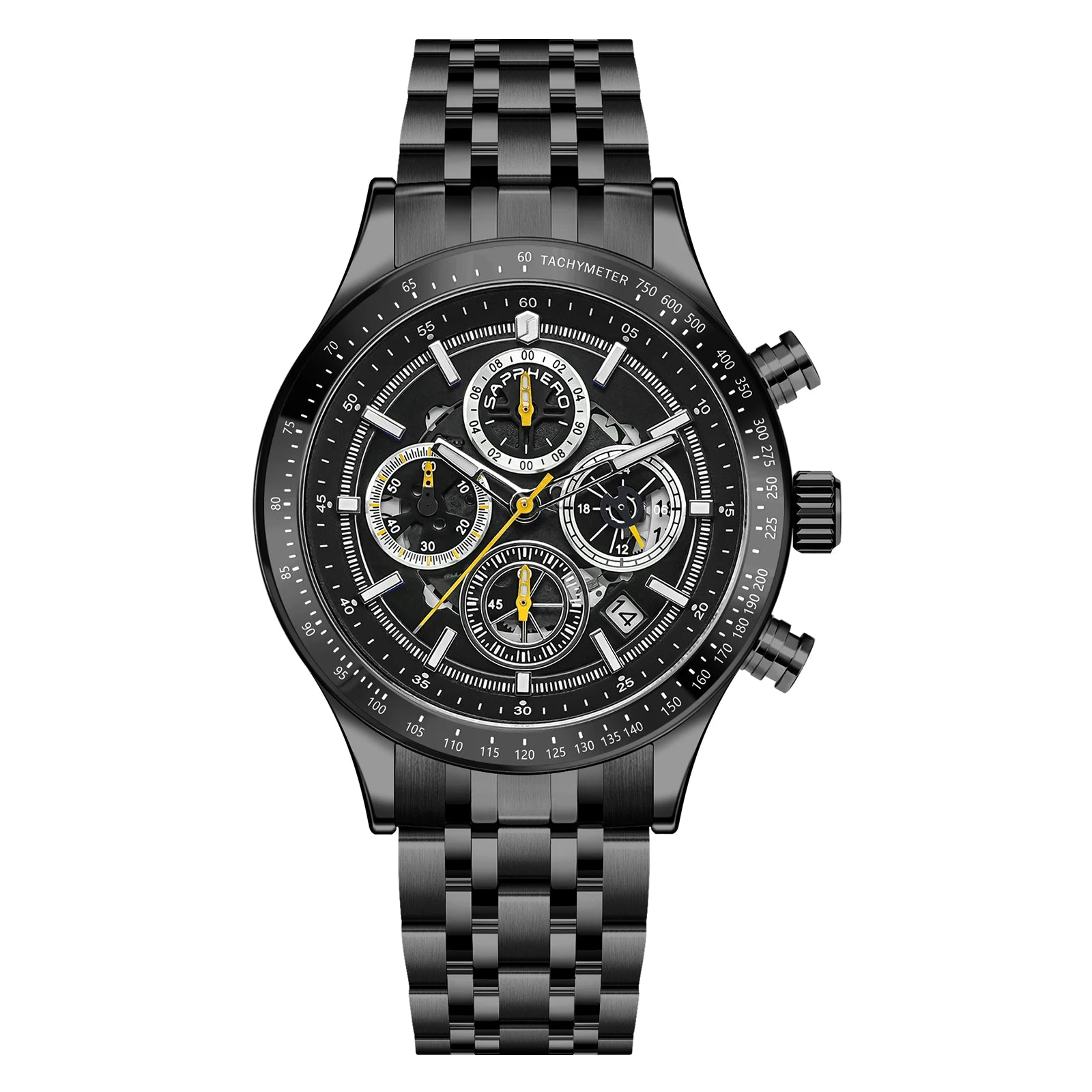 Sapphero moda masculina relógio de quartzo estilo mecânico 50m à prova dwaterproof água data cronógrafo relógio presente para homem