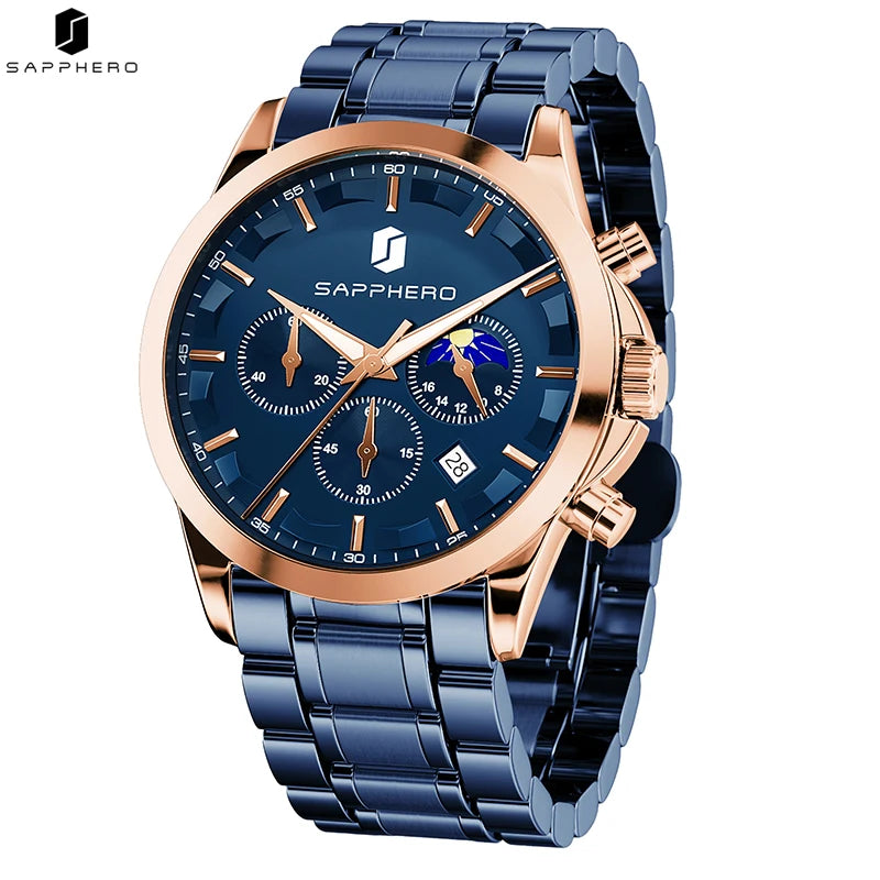 SAPPHERO Relógios de negócios masculinos pulseira de aço inoxidável exibição de data e função cronógrafo relógio masculino à prova d'água relógio de ouro rosa