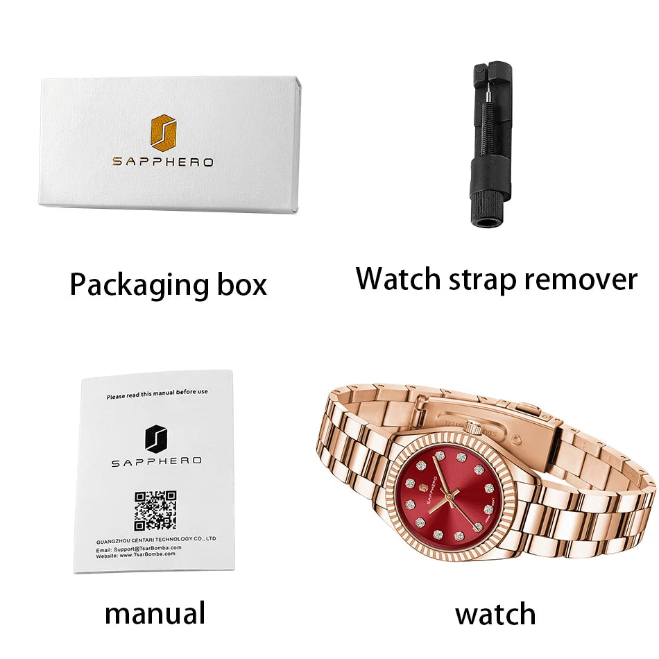 Sapphero elegante relógio de quartzo feminino movimento japão 5atm à prova dwaterproof água luxo rosa ouro relógio feminino luz luxo relógio feminino