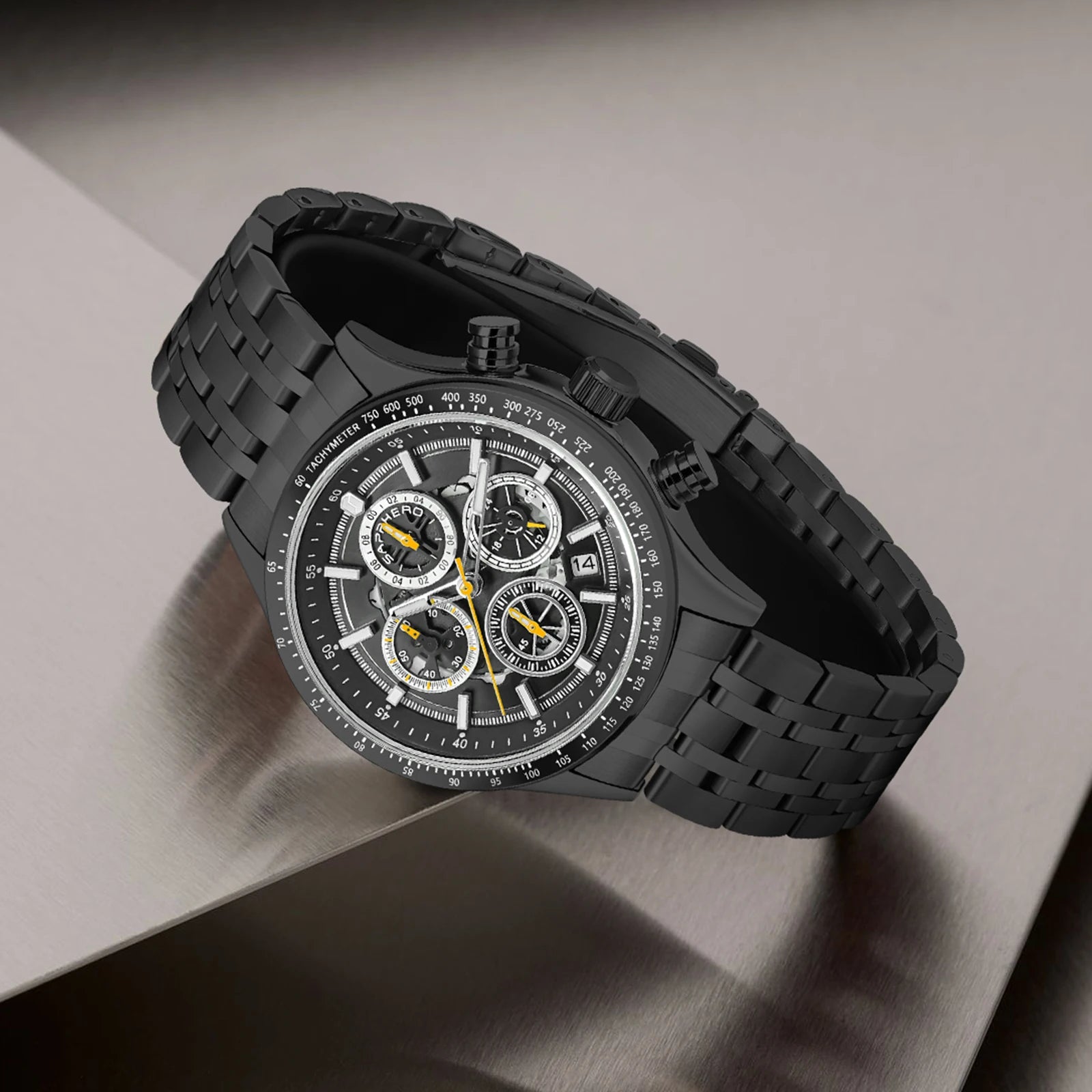Sapphero moda masculina relógio de quartzo estilo mecânico 50m à prova dwaterproof água data cronógrafo relógio presente para homem