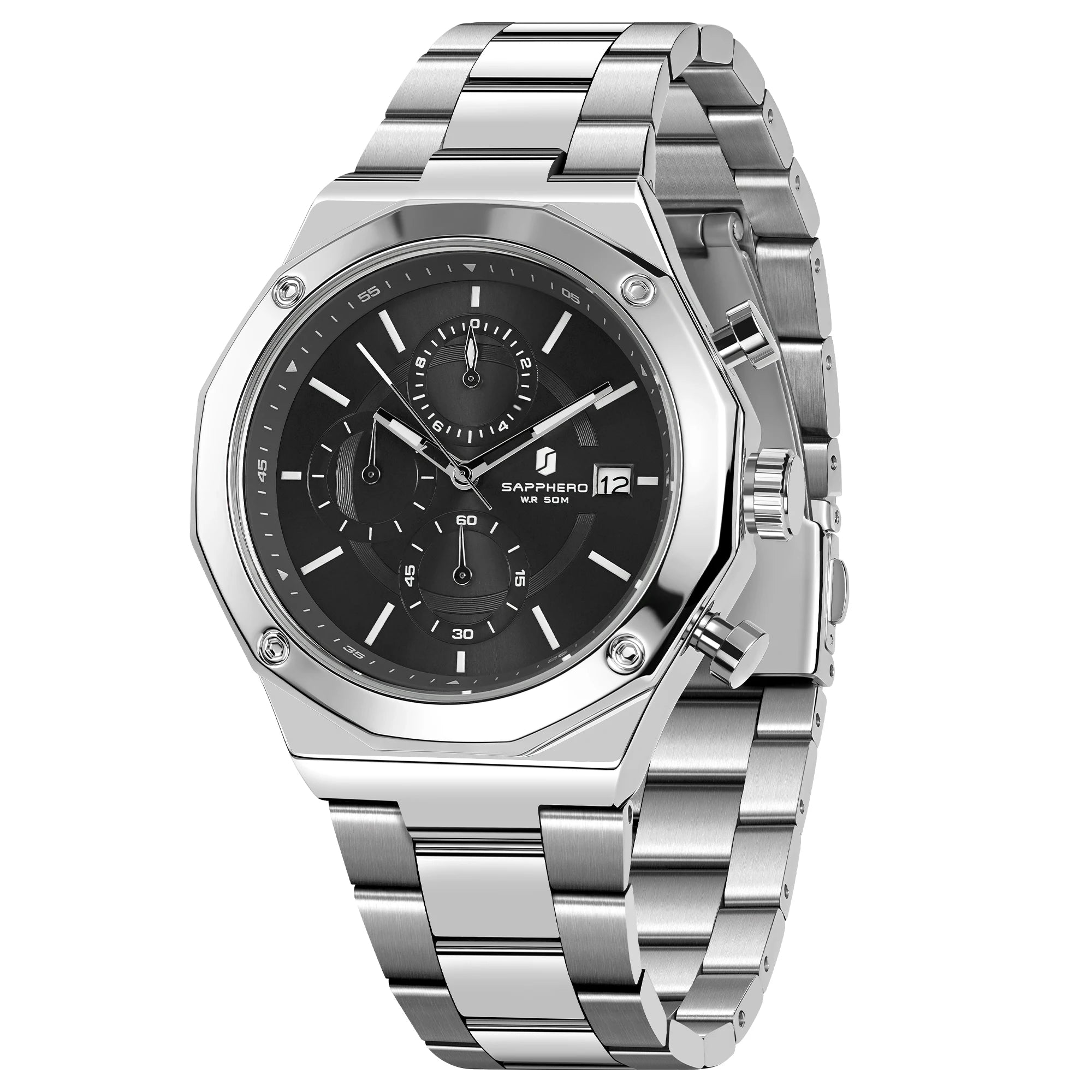 SAPPHERO Relógio masculino de ouro rosa, relógio de luxo da moda, aço inoxidável, 50m, resistência à água, presentes de ano novo