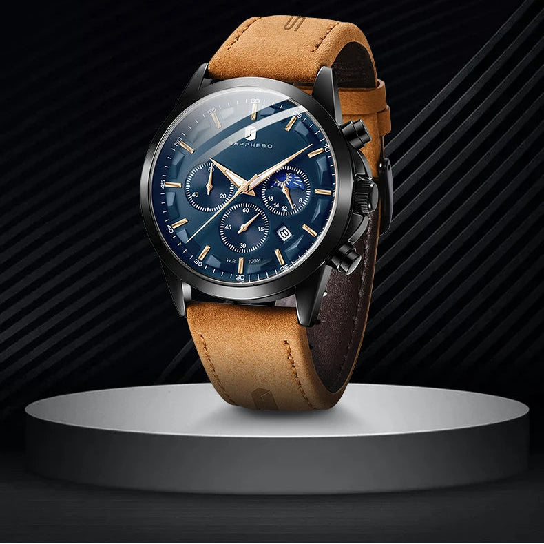 Sapphero relógios de negócios masculinos pulseira de couro esportes casual quartzo relógio masculino clássico à prova dwaterproof água 5atm relógio de pulso