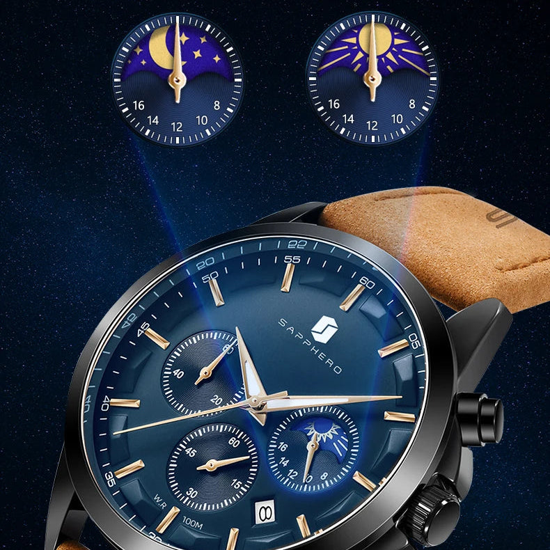 Sapphero relógios de negócios masculinos pulseira de couro esportes casual quartzo relógio masculino clássico à prova dwaterproof água 5atm relógio de pulso