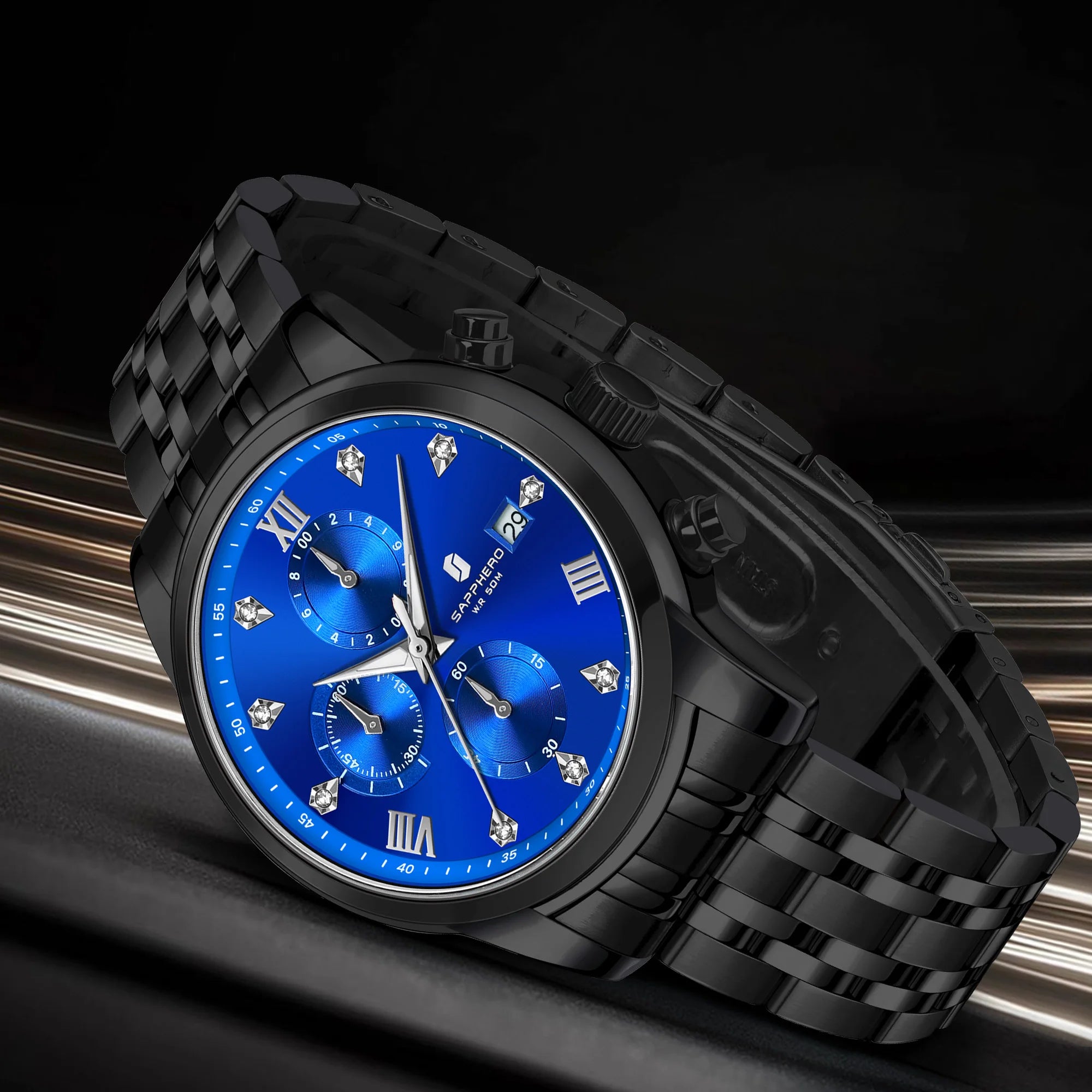 Sapphero relógio masculino de luxo, relógio de aço inoxidável, calendário, à prova d'água, 5atm, caixa de presente de alta qualidade
