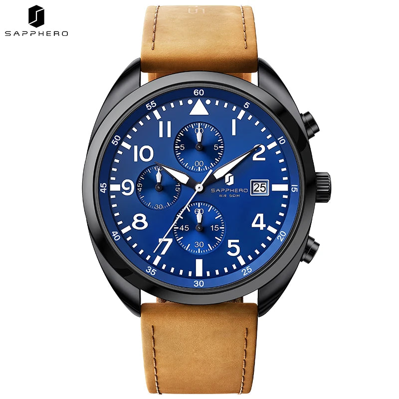 Relógio masculino de negócios safira, pulseira de couro confortável, resistente à água, com mãos iluminadas, cronógrafo para homens