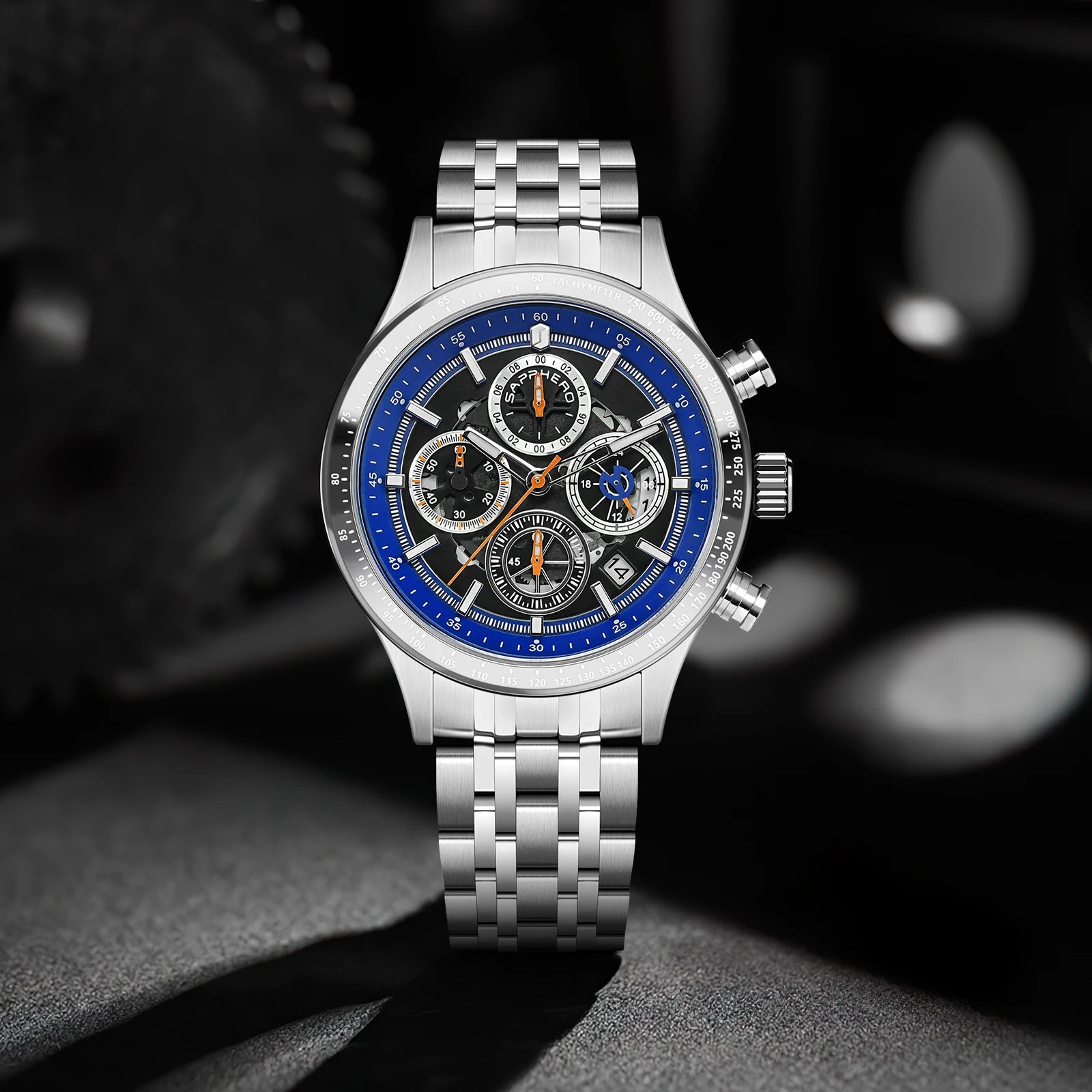 Sapphero moda masculina relógio de quartzo estilo mecânico 50m à prova dwaterproof água data cronógrafo relógio presente para homem