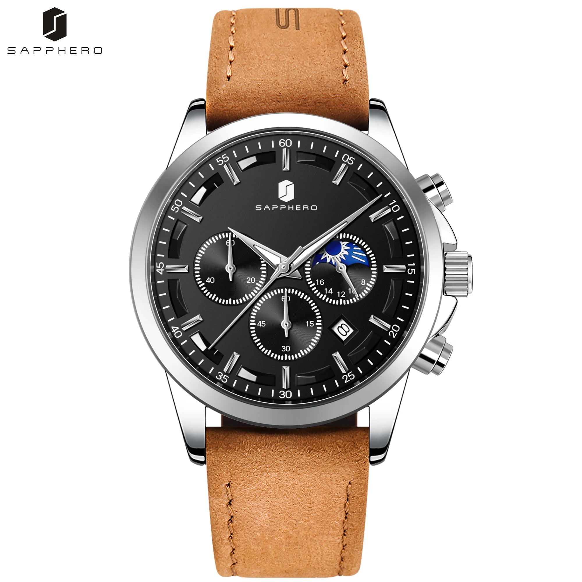 Sapphero relógios de negócios masculinos pulseira de couro esportes casual quartzo relógio masculino clássico à prova dwaterproof água 5atm relógio de pulso