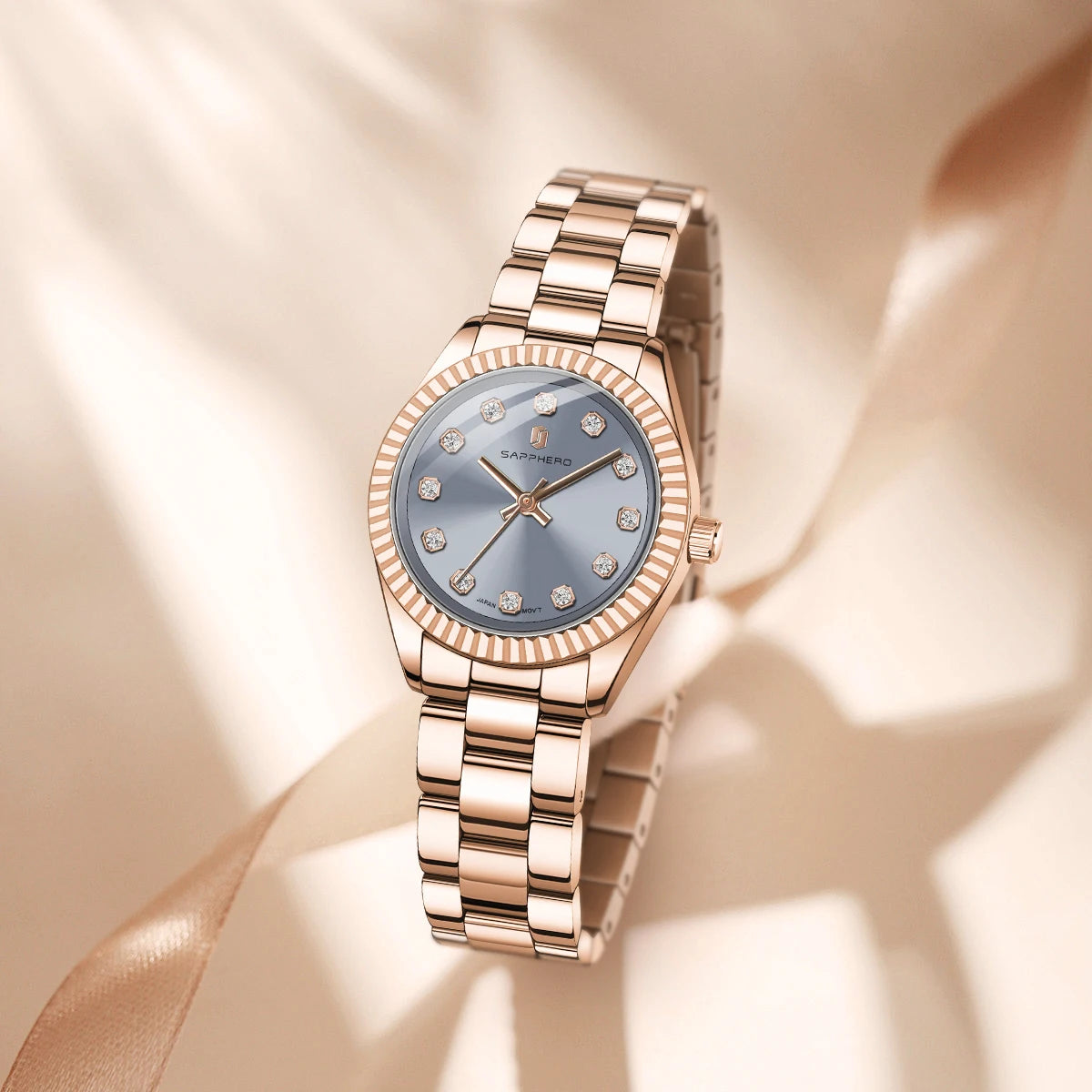 Sapphero elegante relógio de quartzo feminino movimento japão 5atm à prova dwaterproof água luxo rosa ouro relógio feminino luz luxo relógio feminino