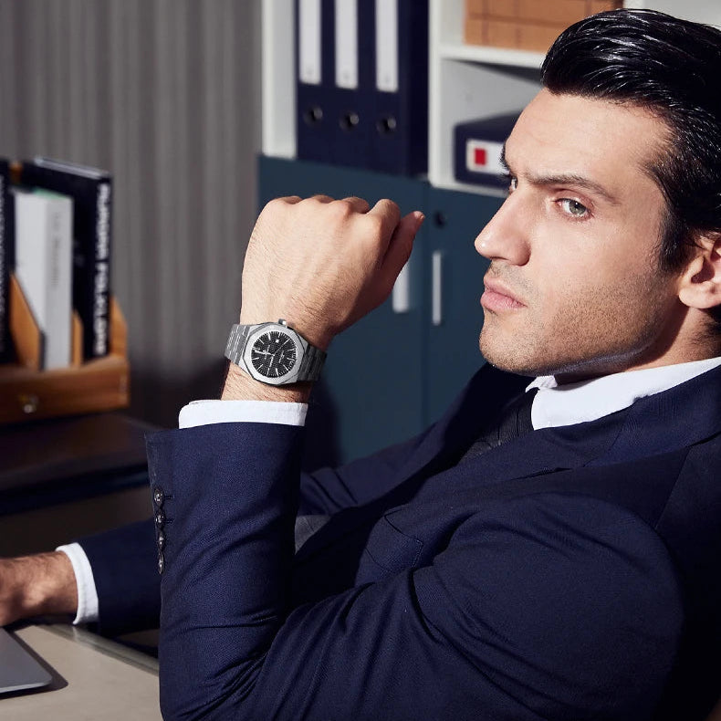 Relógio masculino SAPPHERO, pulseira de aço inoxidável, design resistente à água, calendário automático, presentes festivos, relógio de caixa de presente requintado