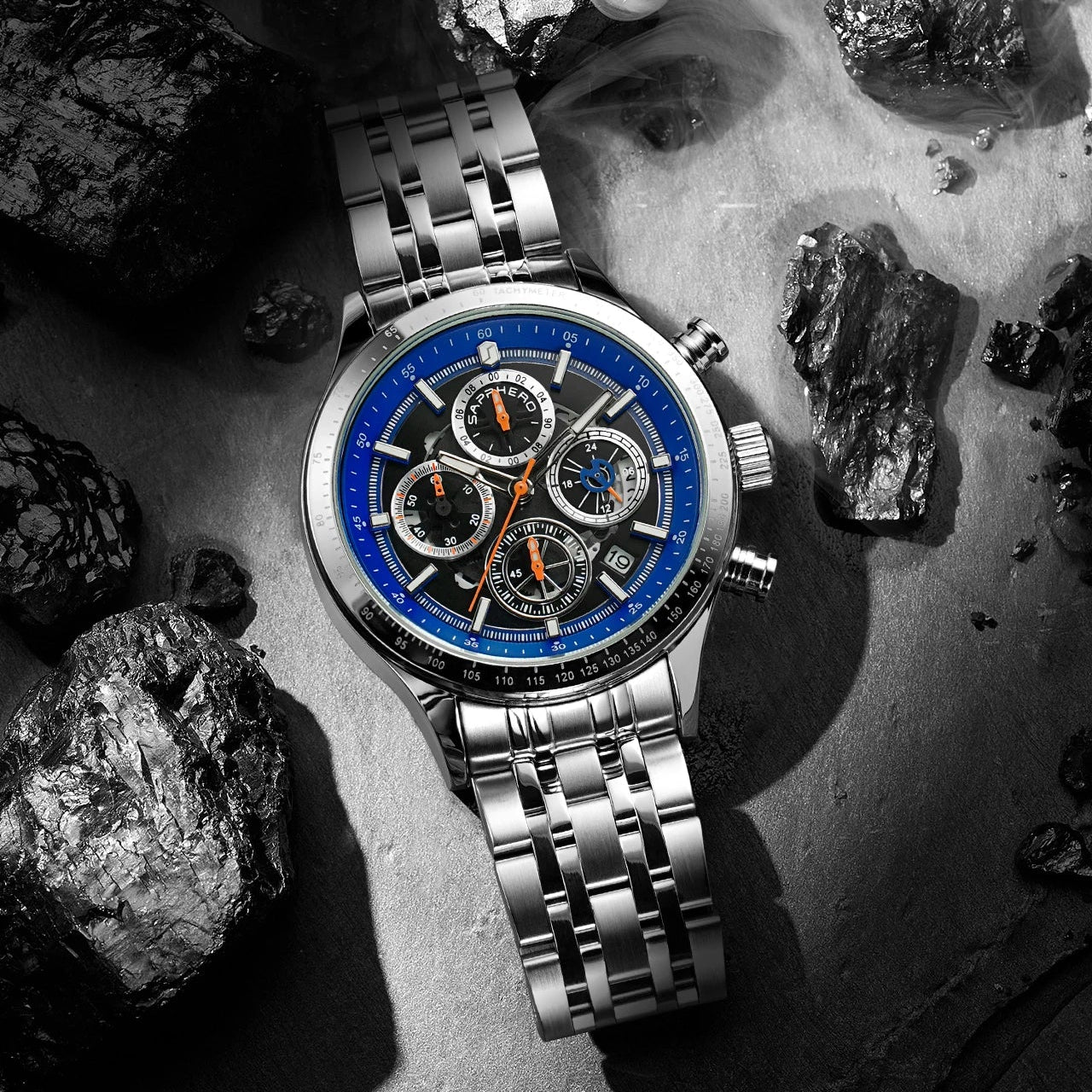 Sapphero moda masculina relógio de quartzo estilo mecânico 50m à prova dwaterproof água data cronógrafo relógio presente para homem