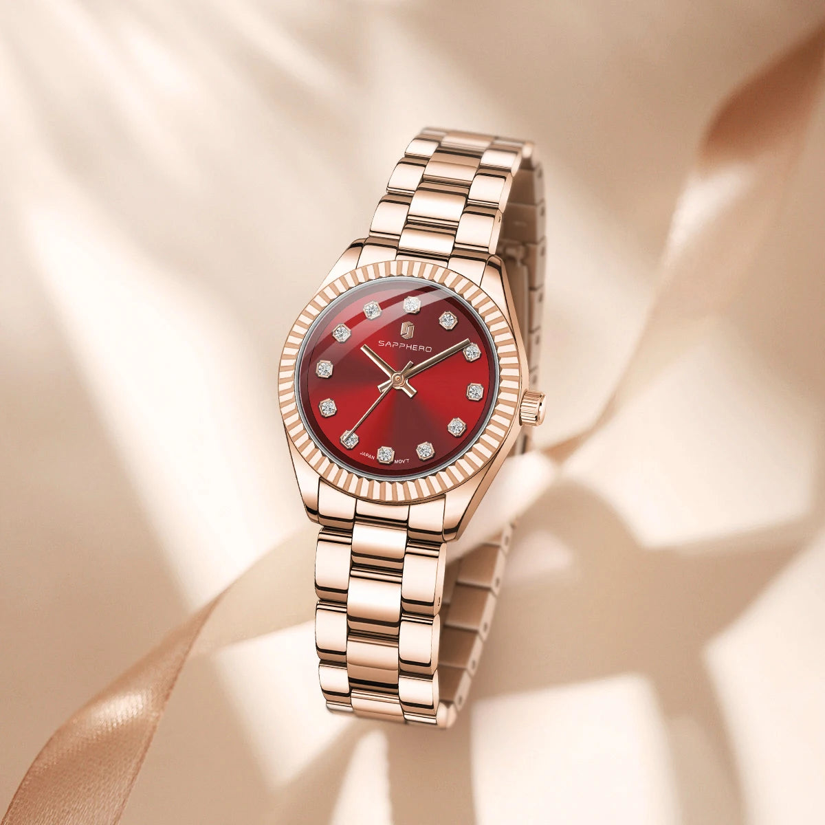 Sapphero elegante relógio de quartzo feminino movimento japão 5atm à prova dwaterproof água luxo rosa ouro relógio feminino luz luxo relógio feminino