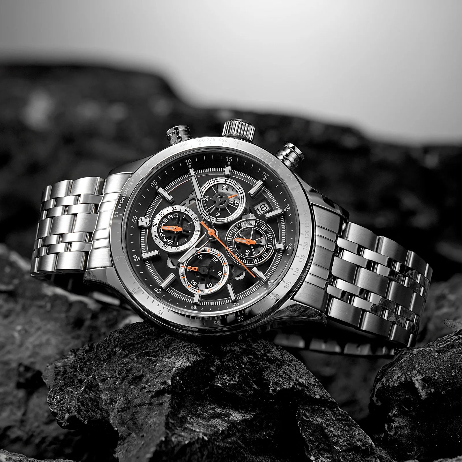 Sapphero moda masculina relógio de quartzo estilo mecânico 50m à prova dwaterproof água data cronógrafo relógio presente para homem