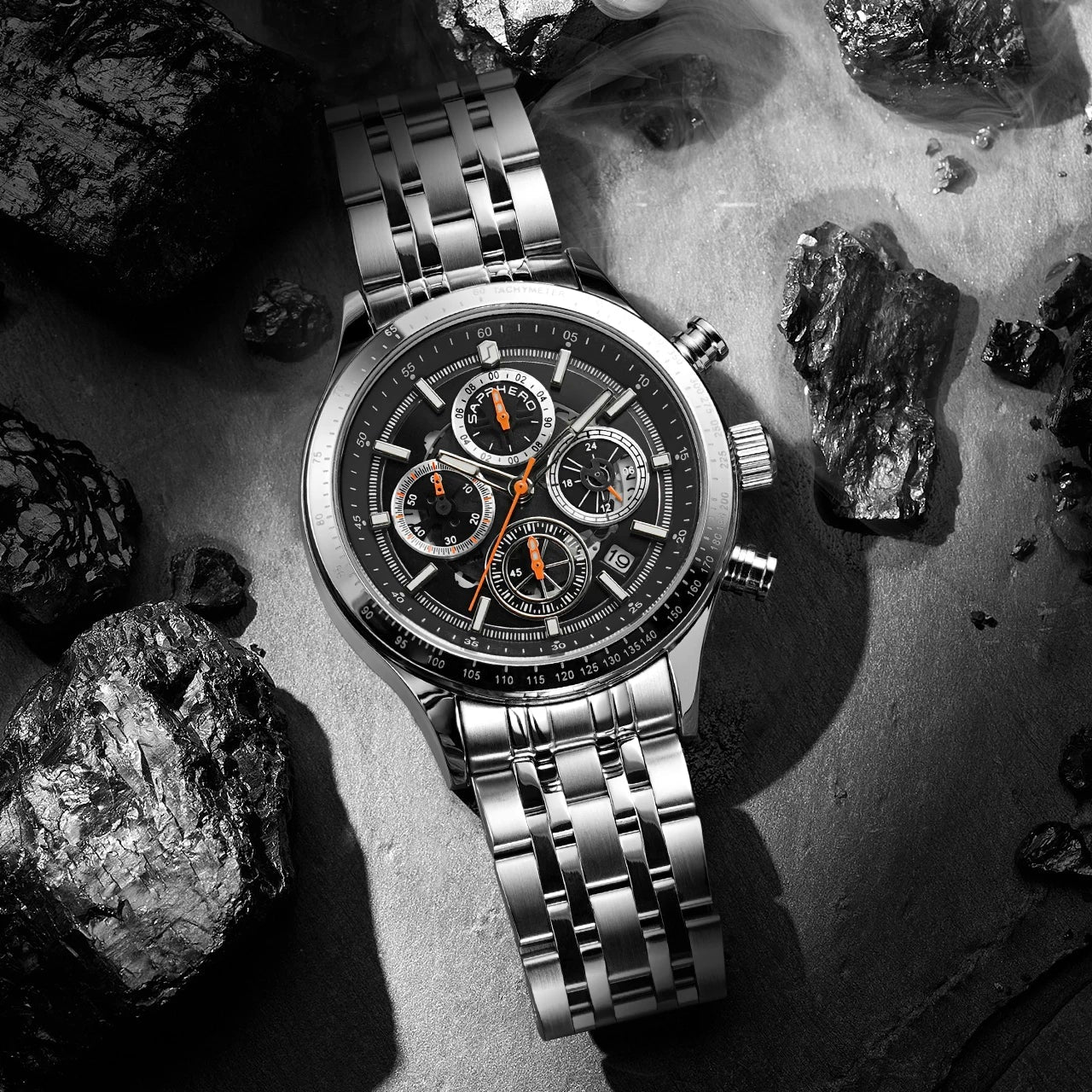 Sapphero moda masculina relógio de quartzo estilo mecânico 50m à prova dwaterproof água data cronógrafo relógio presente para homem