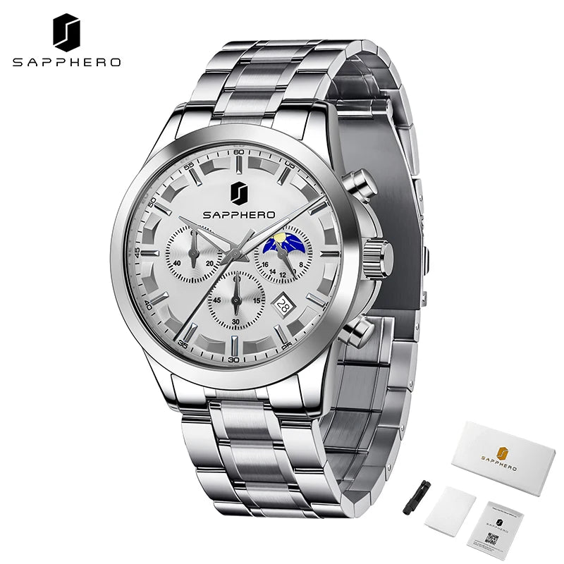 SAPPHERO Relógios de negócios masculinos pulseira de aço inoxidável exibição de data e função cronógrafo relógio masculino à prova d'água relógio de ouro rosa