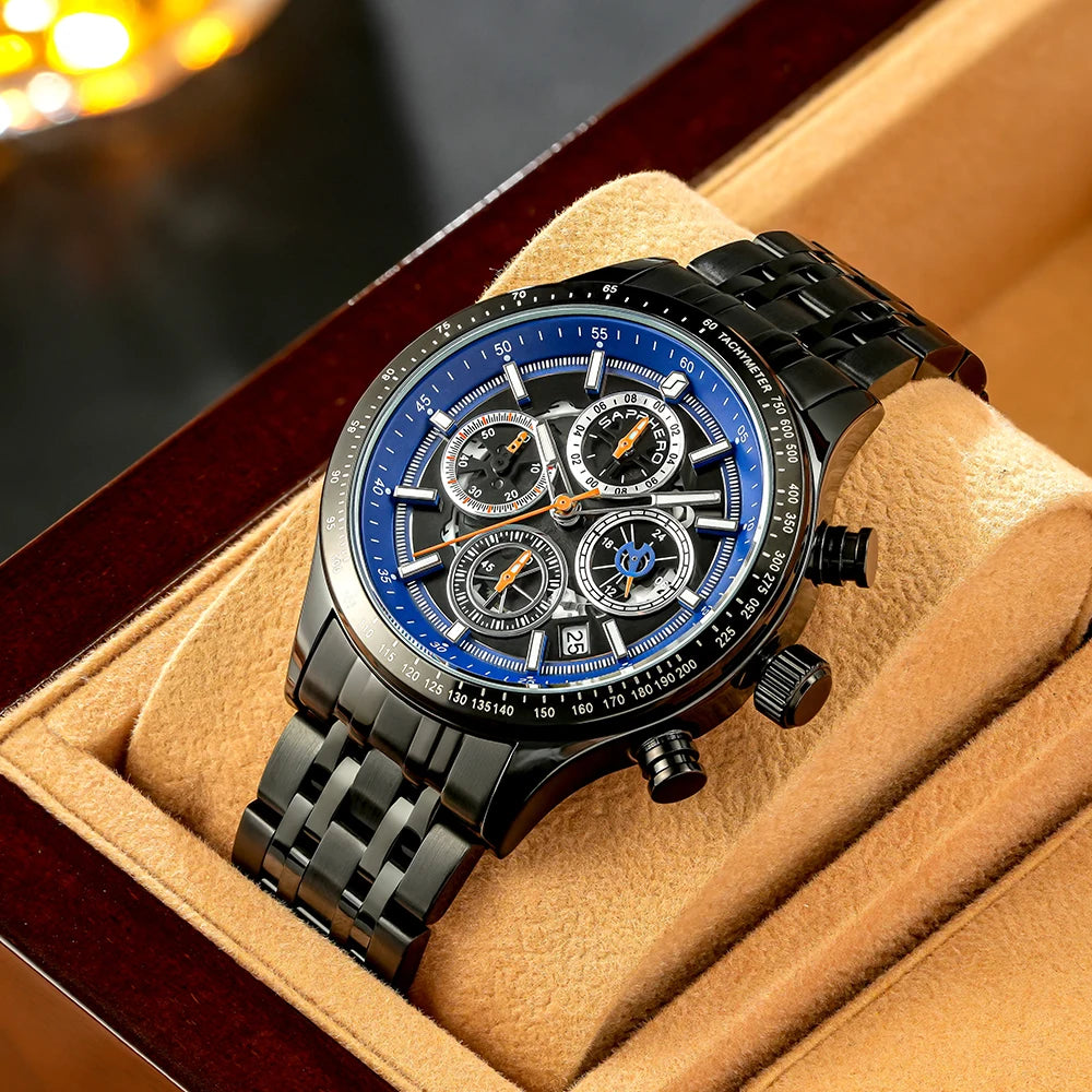 Sapphero moda masculina relógio de quartzo estilo mecânico 50m à prova dwaterproof água data cronógrafo relógio presente para homem