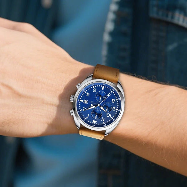 Relógio masculino de negócios safira, pulseira de couro confortável, resistente à água, com mãos iluminadas, cronógrafo para homens