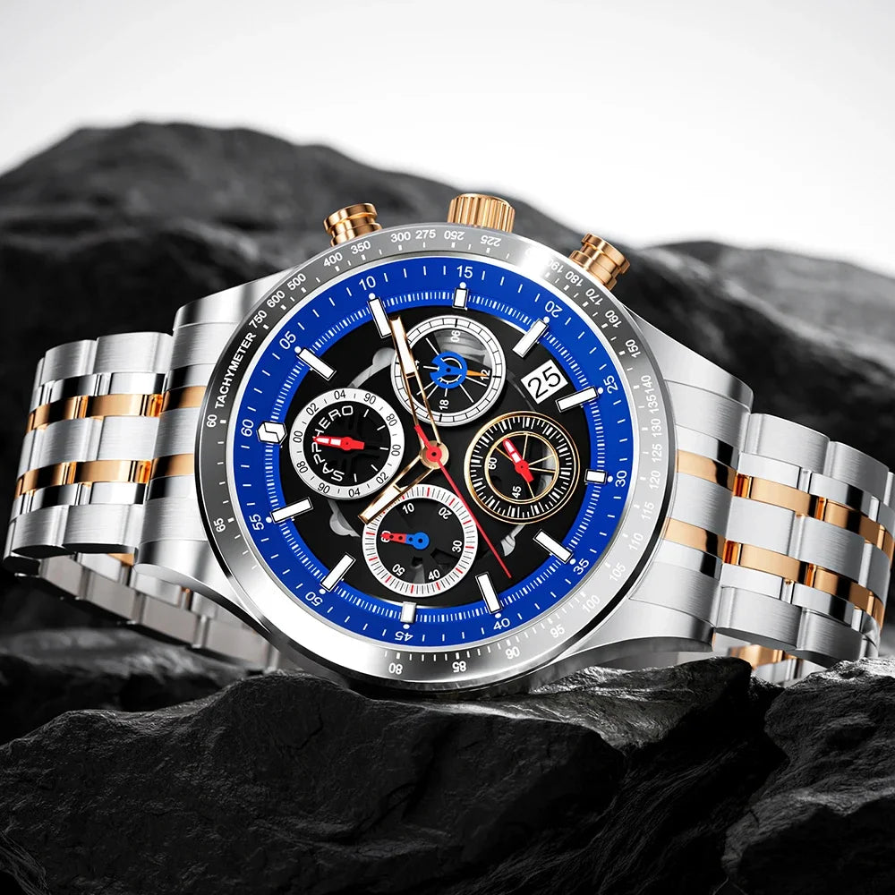 Sapphero moda masculina relógio de quartzo estilo mecânico 50m à prova dwaterproof água data cronógrafo relógio presente para homem
