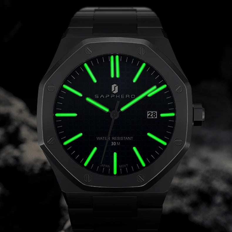 Relógio masculino SAPPHERO, pulseira de aço inoxidável, design resistente à água, calendário automático, presentes festivos, relógio de caixa de presente requintado