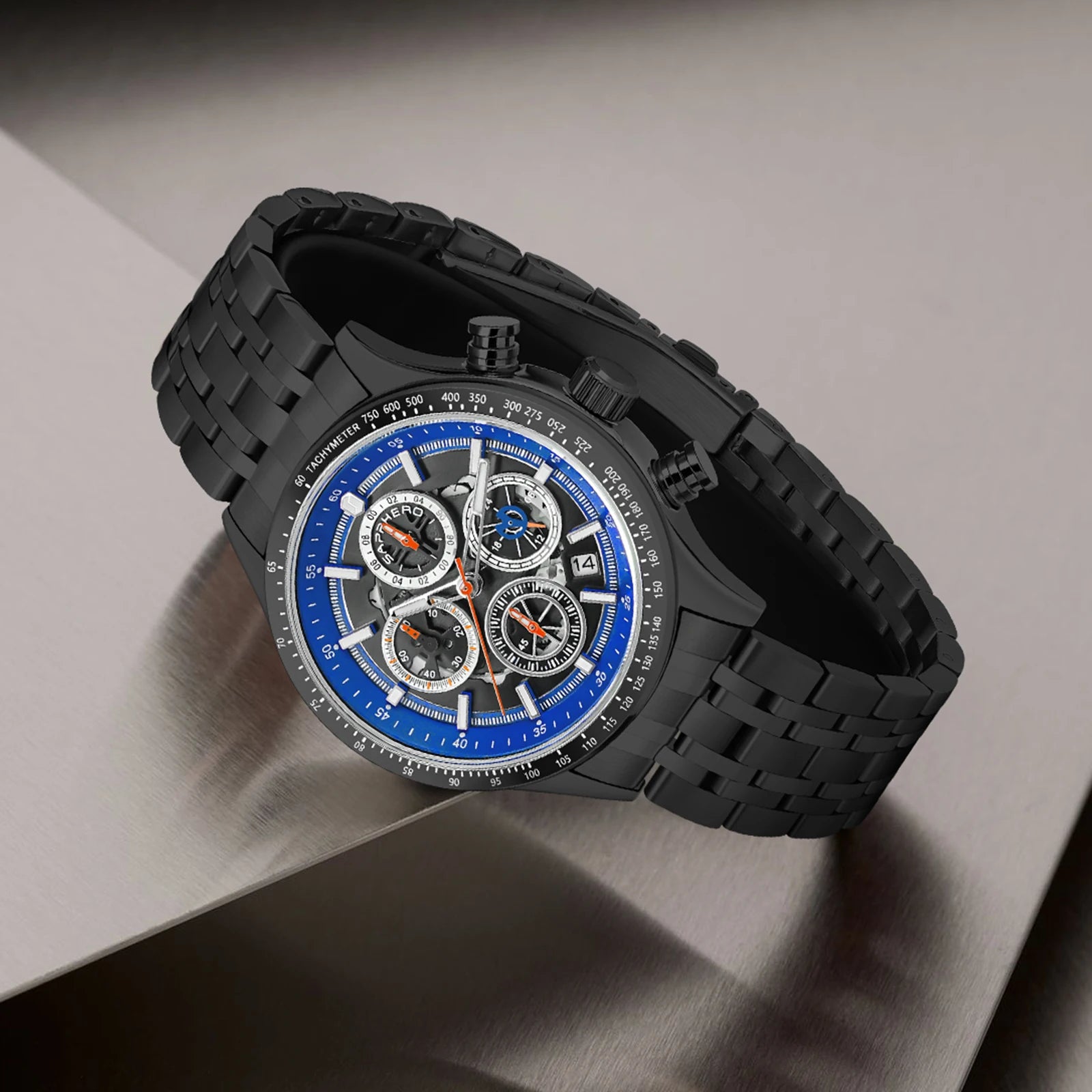 Sapphero moda masculina relógio de quartzo estilo mecânico 50m à prova dwaterproof água data cronógrafo relógio presente para homem
