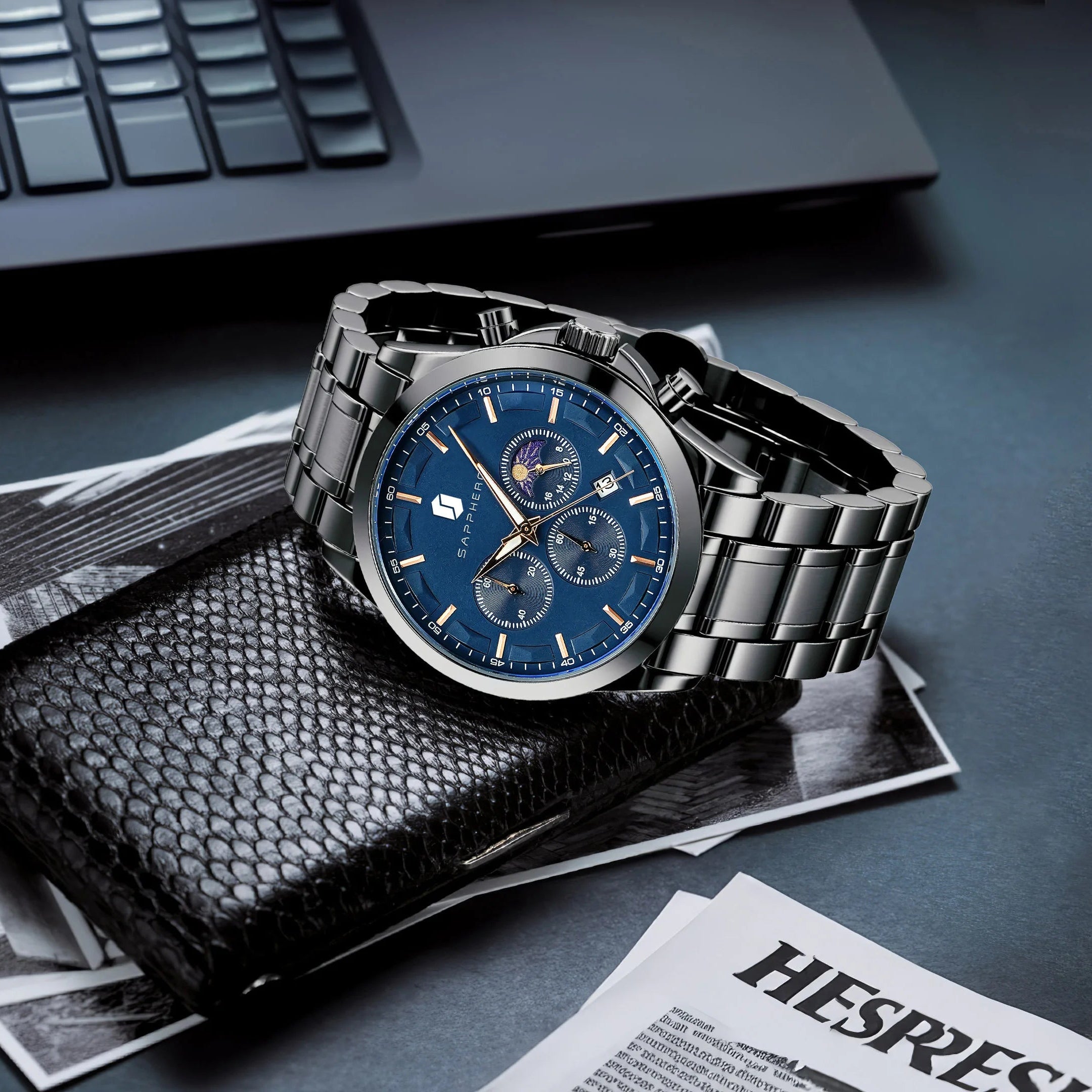 SAPPHERO Relógios de negócios masculinos pulseira de aço inoxidável exibição de data e função cronógrafo relógio masculino à prova d'água relógio de ouro rosa