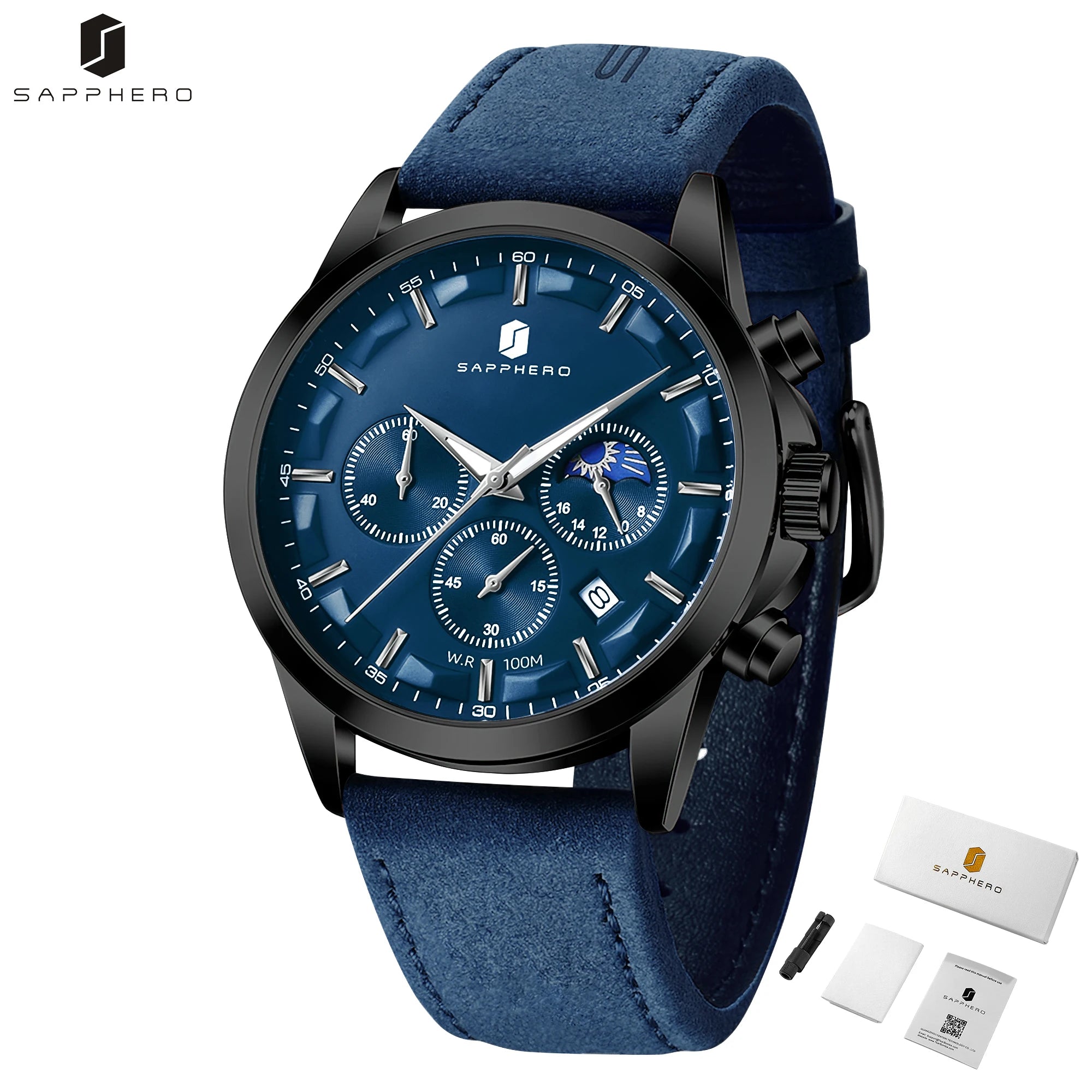 Sapphero relógios de negócios masculinos pulseira de couro esportes casual quartzo relógio masculino clássico à prova dwaterproof água 5atm relógio de pulso